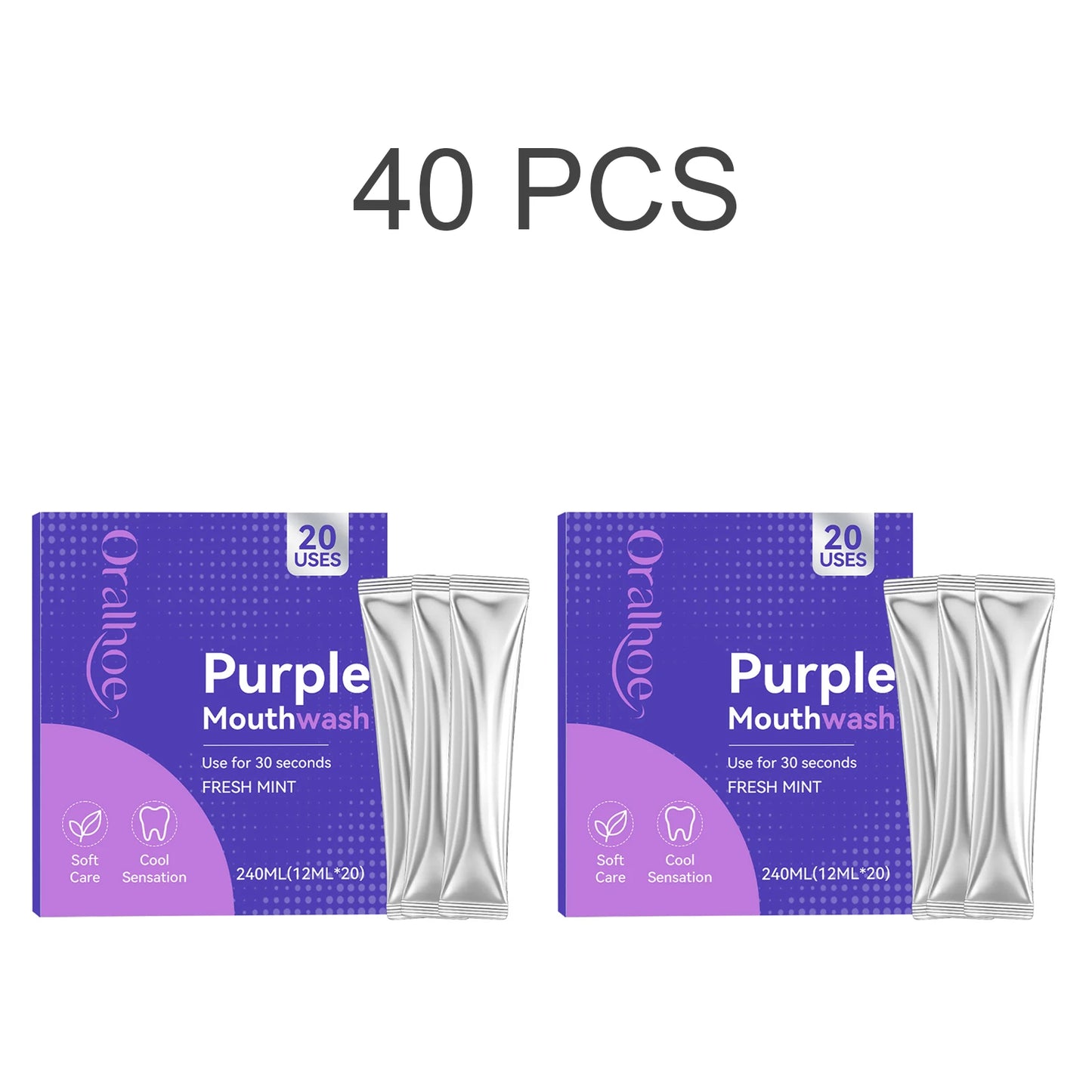 Purple Mouthwash Fresh Mint Flavor Gentle Formula Daily Oral Care Portable 20 Sachets Travel Size No Alcohol Quick Rinse 240Ml