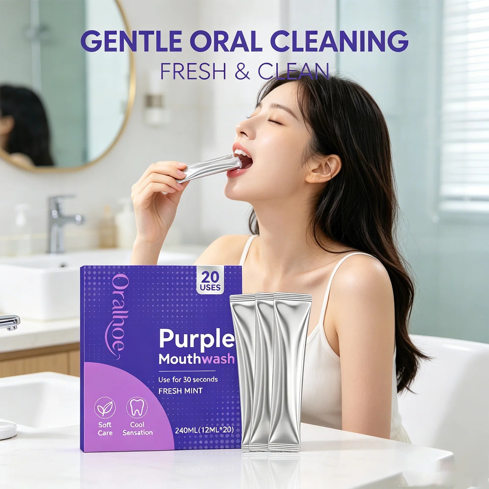 Purple Mouthwash Fresh Mint Flavor Gentle Formula Daily Oral Care Portable 20 Sachets Travel Size No Alcohol Quick Rinse 240Ml