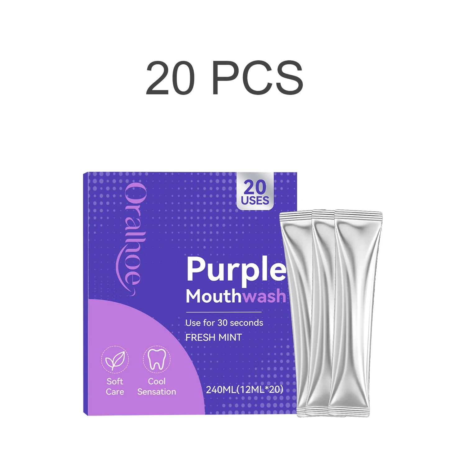 Purple Mouthwash Fresh Mint Flavor Gentle Formula Daily Oral Care Portable 20 Sachets Travel Size No Alcohol Quick Rinse 240Ml