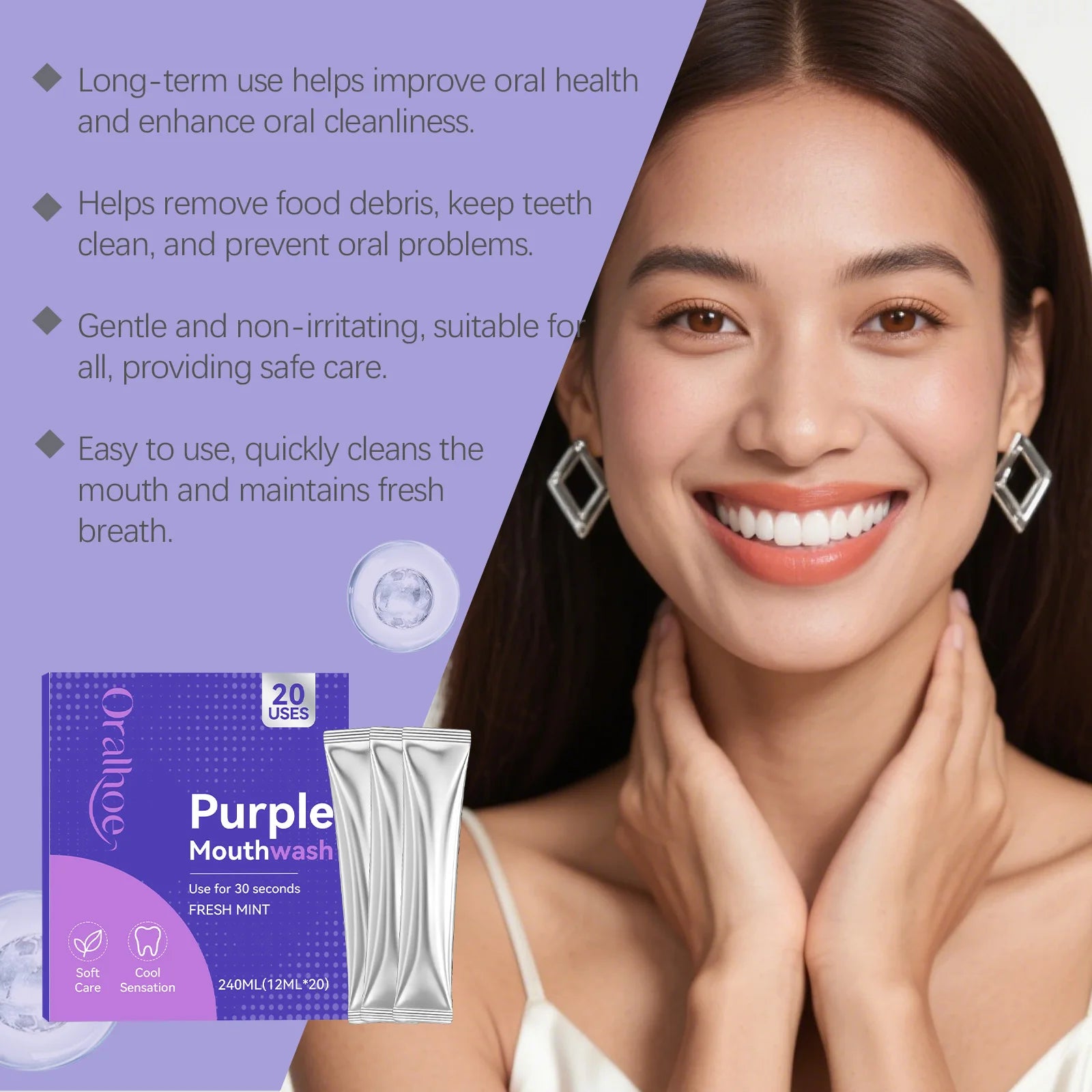 Purple Mouthwash Fresh Mint Flavor Gentle Formula Daily Oral Care Portable 20 Sachets Travel Size No Alcohol Quick Rinse 240Ml